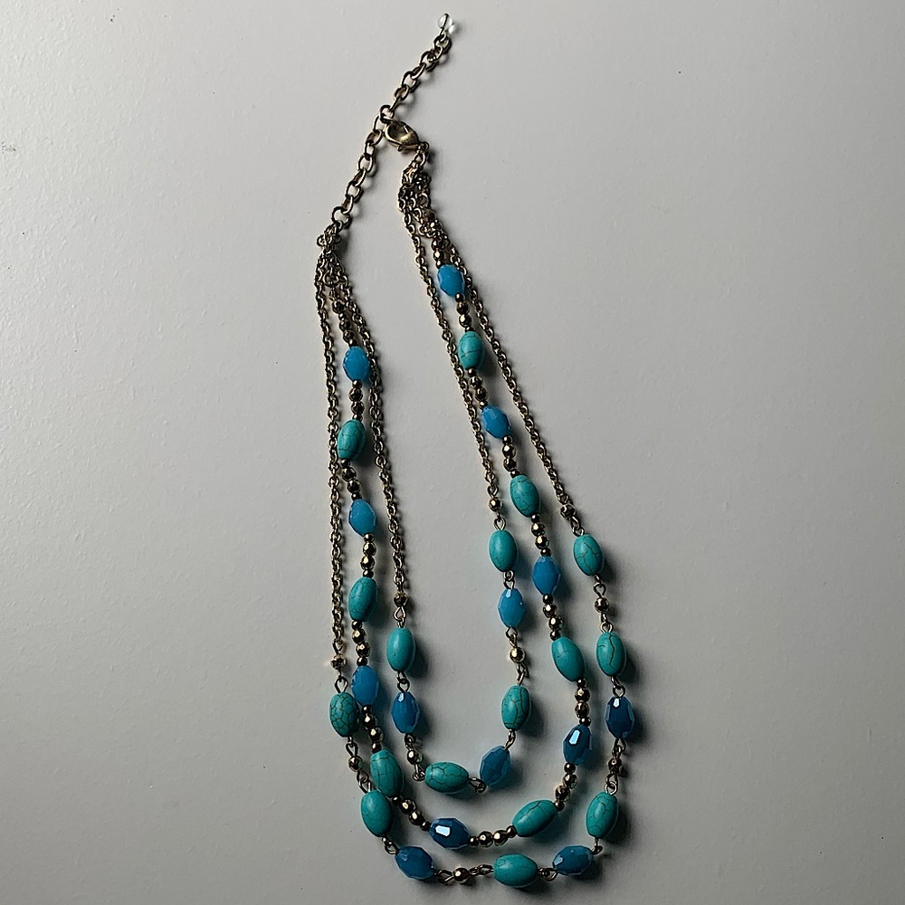 Tri-Layer Blue, Turquoise, And Gold Necklace